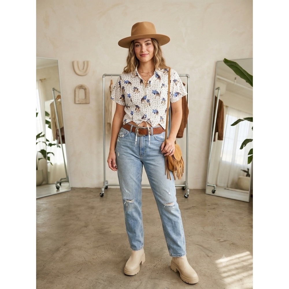 90s Adobe Rose Western Short Sleeve Top XL Cowboy Star Print Corset Lace Up